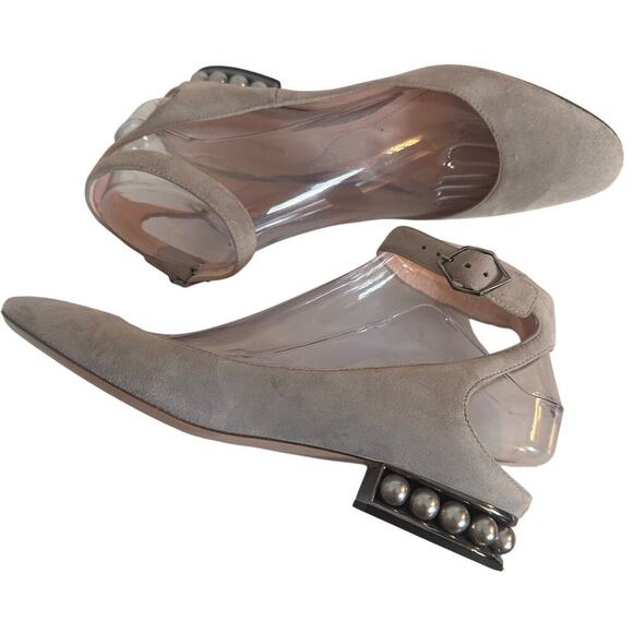 Nicholas Kirkwood Lola Gray Velvet Flats Pearl Heel Sz. 37 Ankle Strap Wedding - Picture 1 of 16